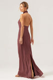 Champagne Halter Mermaid Bridesmaid Dress with Slit