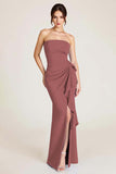 Red Satin Strapless Mermaid Ruched Long Formal Dress With Slit