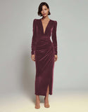 Olive Sheath V-Neck Ruched Velvet Long Formal Dress with slit