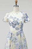 Dusty Blue Jacquard Round Neck Floral Long Mother Of the Bride Dress with Short Sleeves