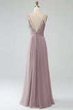 A-Line Desert Rose Spaghetti Straps Pleated Chiffon Long Bridesmaid Dress