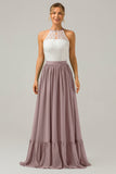 Champagne Keyhole Boho Chiffon Long Bridesmaid Dress with Lace