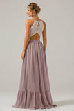 Champagne Keyhole Boho Chiffon Long Bridesmaid Dress with Lace