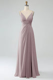 A-Line Desert Rose Spaghetti Straps Pleated Chiffon Long Bridesmaid Dress