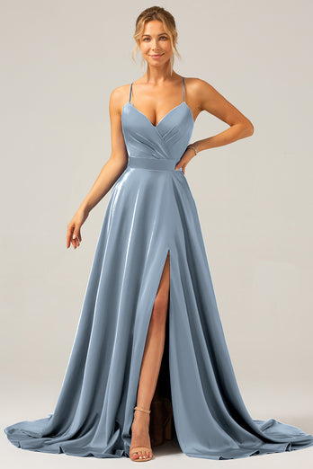 Royal Blue A Line Spaghetti Straps Satin Formal Dress with Slit