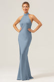 Dusty Blue Mermaid Halter Long Bridesmaid Dress with Slit