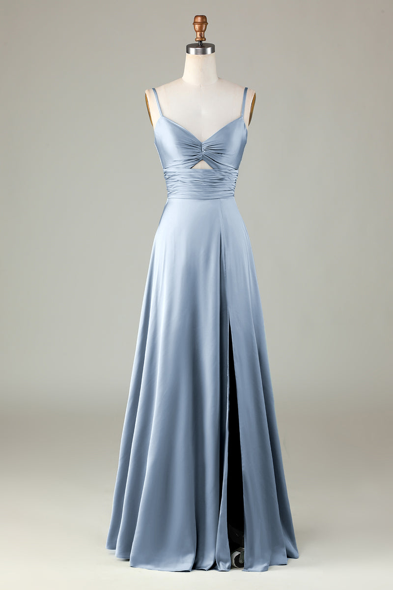 Load image into Gallery viewer, Dusty Sage Keyhole Spaghetti Straps Bridesmaid Dress with Slit