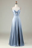 Dusty Blue Keyhole Spaghetti Straps Bridesmaid Dress with Slit