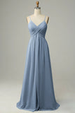 Dusty Blue Spaghetti Straps Sleeveless Bridesmaid Dress