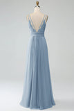 Dusty Blue A-Line Spaghetti Straps Pleated Chiffon Long Bridesmaid Dress