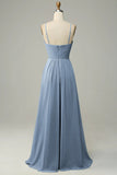 Dusty Blue Spaghetti Straps Sleeveless Bridesmaid Dress