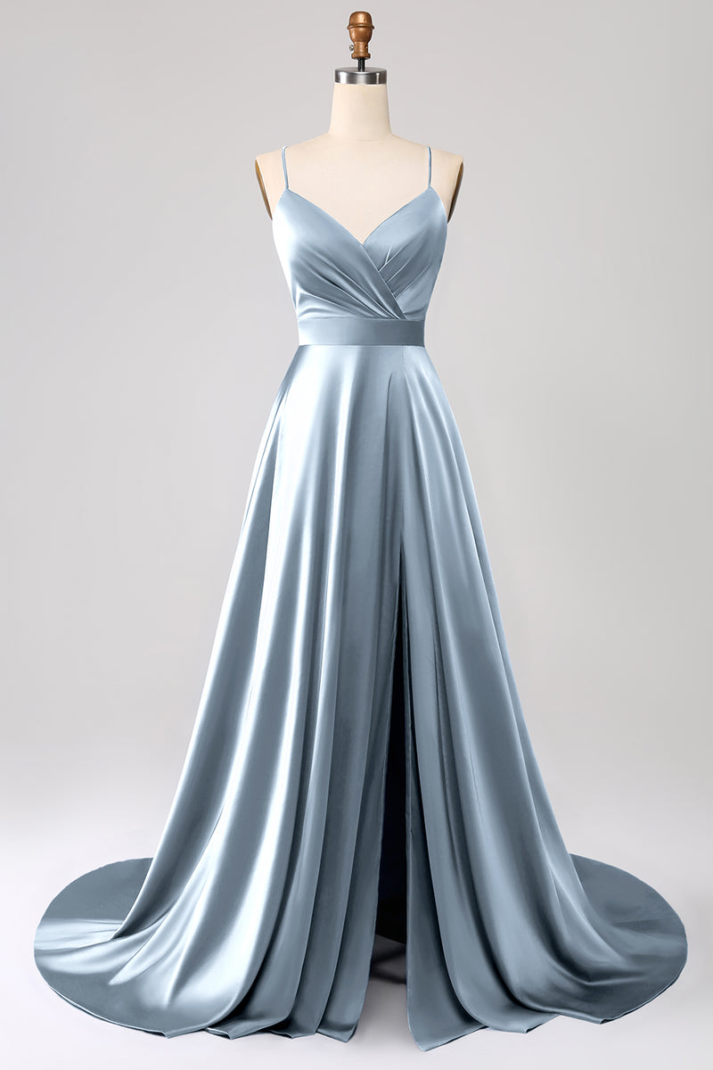 Load image into Gallery viewer, Royal Blue A Line Spaghetti Straps Satin Formal Dress with Slit