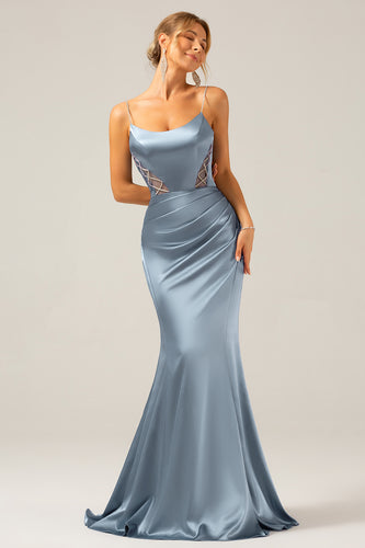 Mermaid Dusty Blue Satin Spaghetti Straps Long Formal Dress