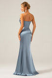 Mermaid Dusty Blue Satin Spaghetti Straps Long Formal Dress