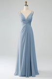 Dusty Rose A-Line Spaghetti Straps Pleated Chiffon Long Bridesmaid Dress