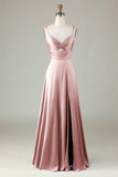 Dusty Rose Keyhole Spaghetti Straps Bridesmaid Dress with Slit