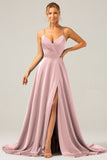 A Line Dusty Sage Spaghetti Straps Satin Formal Dress with Slit