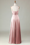 Dusty Rose Keyhole Spaghetti Straps Bridesmaid Dress with Slit