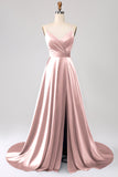 A Line Dusty Sage Spaghetti Straps Satin Formal Dress with Slit