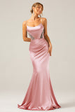 Dusty Sage Spaghetti Straps Mermaid Satin Long Formal Dress