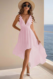 White Chiffon A Line Ruffled V Neck High-Low Graduation Dress