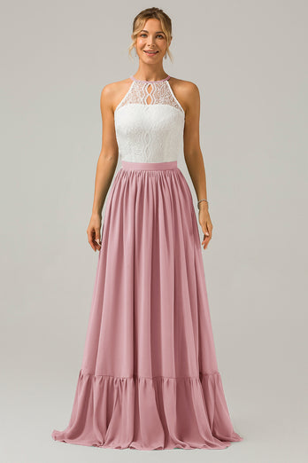 Keyhole Lavender Halter Boho Chiffon Long Bridesmaid Dress with Lace