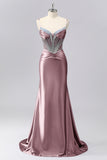 Sparkly Grey Blue Spaghetti Straps Mermaid Satin Prom Dress with Rhinestones