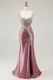 Blush Mermaid Corset Sequin Long Prom Dress with Ruffled Slit