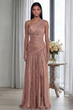 Glitter Pleated A Line Golden Long One Shoulder Formal Dress with Slit