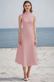 Simple Ivory High Neck Satin Midi Boho Dress