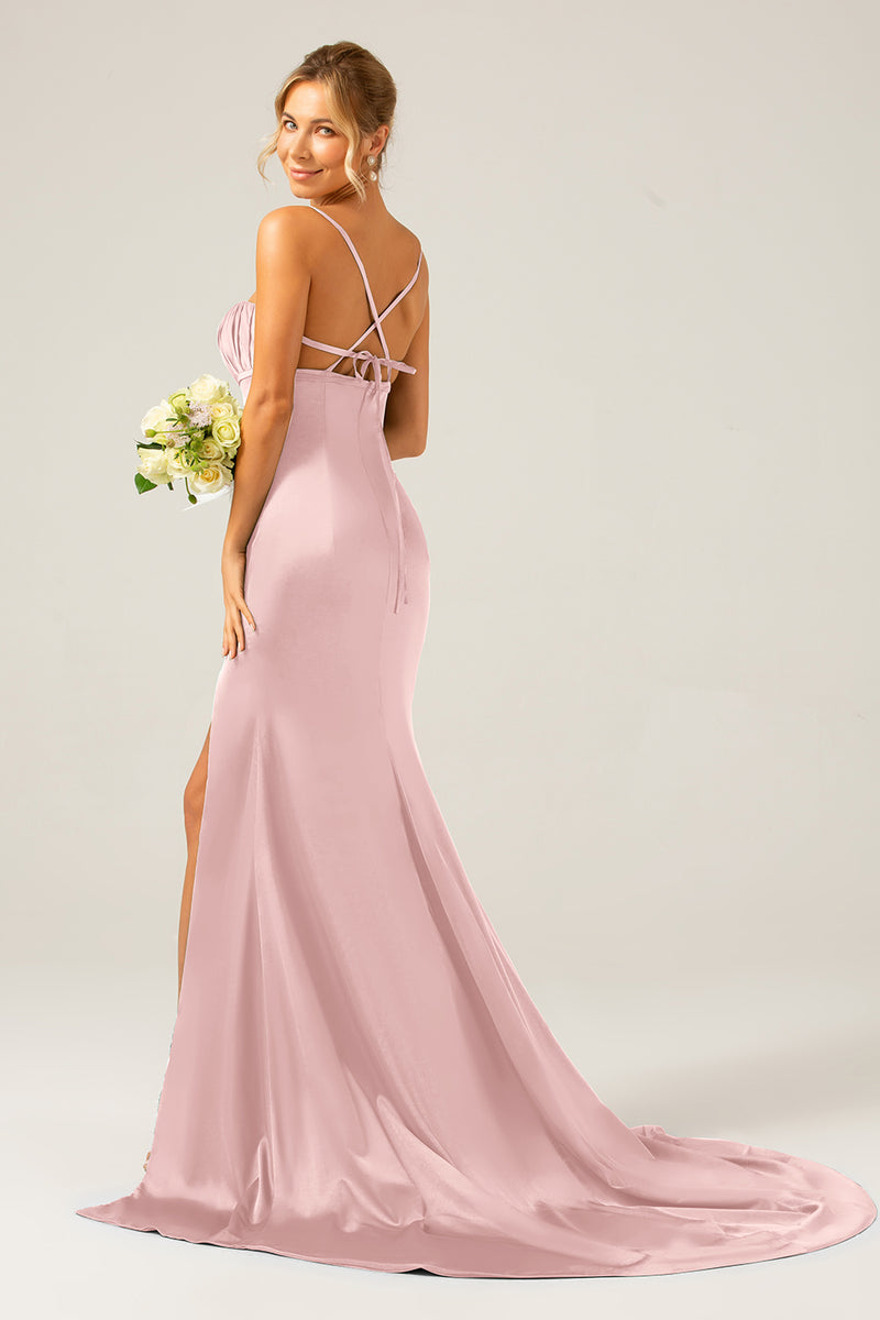 Load image into Gallery viewer, Mermaid Dusty Rose Spaghetti Straps Satin Formal Dress with Slit
