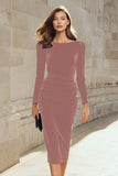 Dark Green Sheath Velvet Ruched Midi Work Dress with Long Sleeve