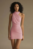 White Halter Ruched Bodycon Short Graduation Dress