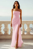 Chiffon Ivory Ruched Strapless Long Boho Formal Dress with Slit