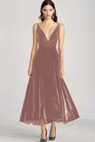 Burgundy Spaghetti Straps V Neck Velvet Formal Dress