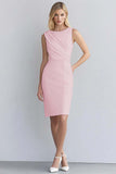 Ivory Satin Bodycon Round Neck Ruched Midi Work Dress
