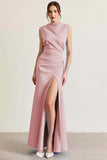 Black Satin Boat Neck Long Sheath Formal Dress with Slit