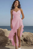 White Chiffon Spaghetti Straps Ruffled Asymmetrical A Line Graduation Dress