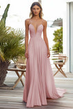 Dark Green Chiffon A Line Spaghetti Straps Pleated Long Wedding Guest Dress