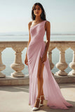 Chiffon Dark Navy One Shoulder Maxi Sheath Boho Formal Dress with Slit
