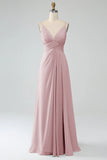 Dusty Rose A-Line Spaghetti Straps Pleated Chiffon Long Bridesmaid Dress