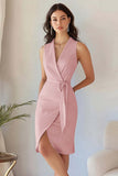 Burgundy Bodycon Satin V Neck Midi Work Dress with Sash