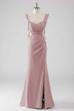 Sage Green Ruffled Sheath Lace-Up Back Long Bridesmaid Dress with Slit