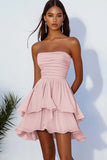 Black Chiffon Strapless Ruffled Tiered Short Cocktail Dress