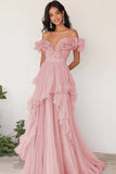 Black Chiffon Ruffled Off the Shoulder A Line Pleated Long Formal Dress