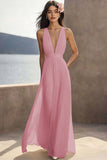 Ivory Pleated Chiffon Deep V-Neck Maxi Boho Formal Dress