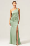 Dusty Sage Mermaid One Shoulder Backless Satin Long Bridesmaid Dress