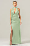 Dusty Sage Sheath V-Neck Backless Long Bridesmaid Dress with Slit