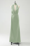 Dusty Sage Sheath V-Neck Backless Wedding Guest Dress with Slit