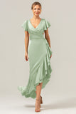 A Line Dusty Sage V Neck Satin Asymmetrical Bridesmaid Dress with Slit